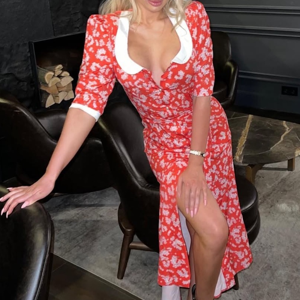 Floral Red Dress with White Accents - Picture 2 of 6